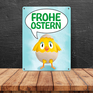 Frohe Ostern Metallschild mit süßem Küken in Eierschale