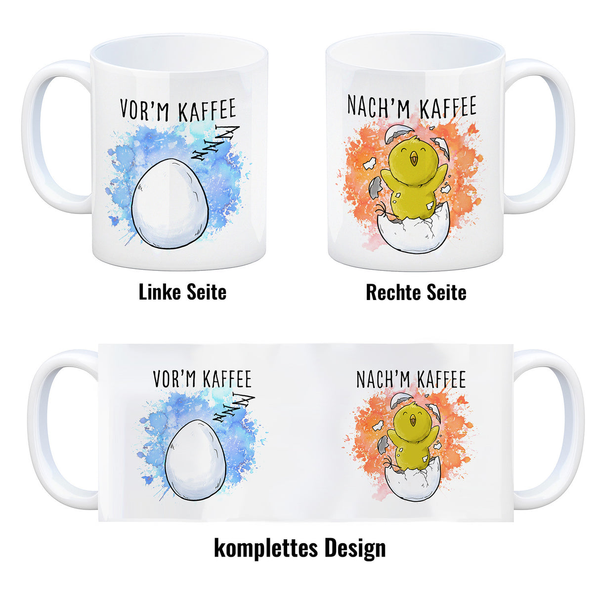 Vor'm Kaffee - nach'm Kaffee Kaffeebecher mit süßem Küken im Ei