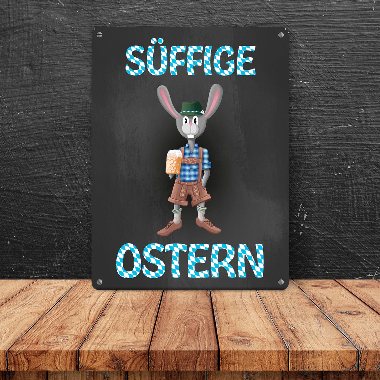 Süffige Ostern Metallschild mit Osterhase in Lederhosen