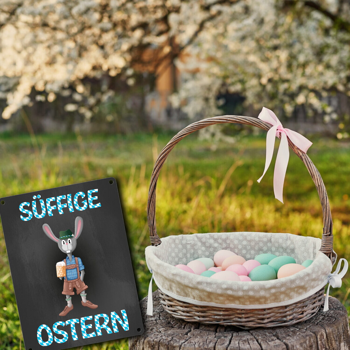 Süffige Ostern Metallschild mit Osterhase in Lederhosen