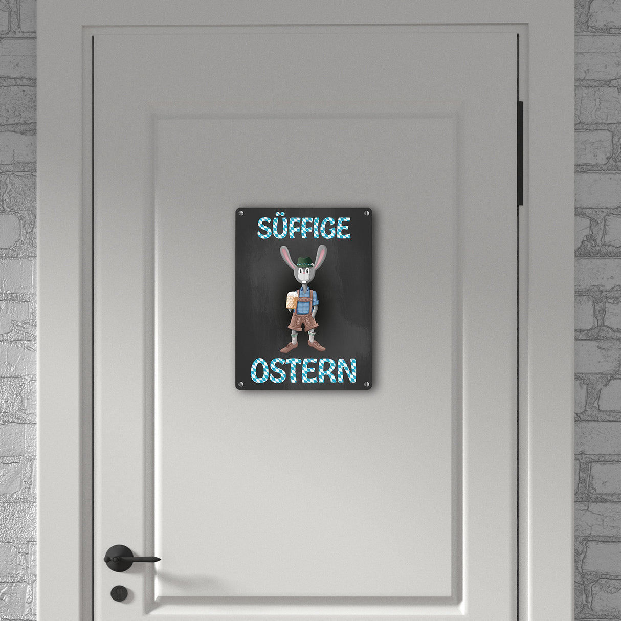 Süffige Ostern Metallschild mit Osterhase in Lederhosen