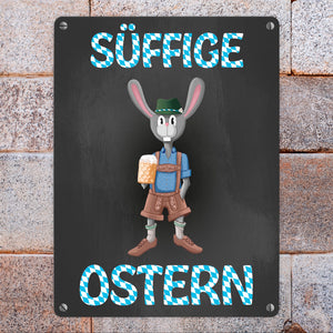 Süffige Ostern Metallschild mit Osterhase in Lederhosen