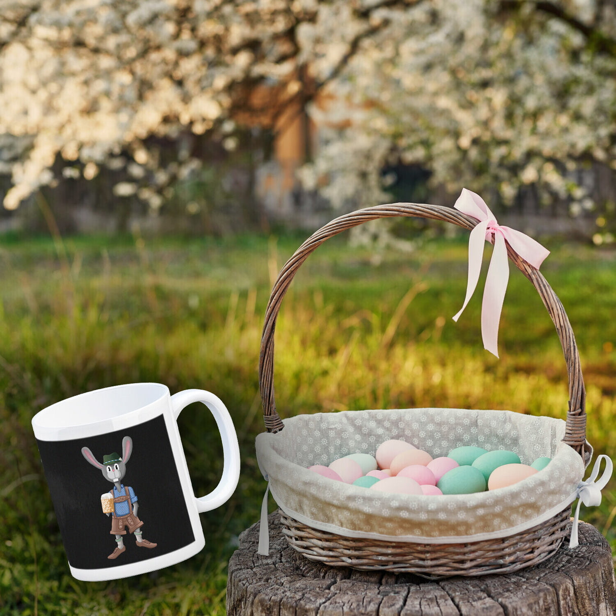 Süffige Ostern Kaffeetasse mit bayerischem Osterhasen in Lederhosen