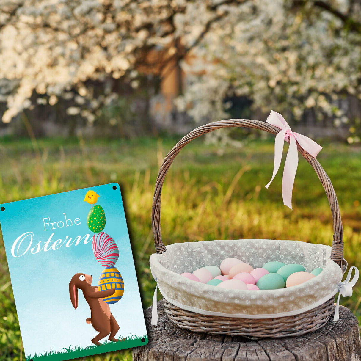 Frohe Ostern mit Osterhase und Küken Metallschild