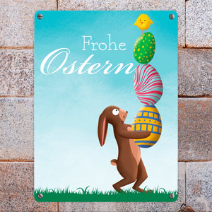 Frohe Ostern mit Osterhase und Küken Metallschild