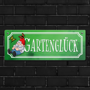 Gartenglück Metallschild mit Gartenzwerg und Schmetterlingen