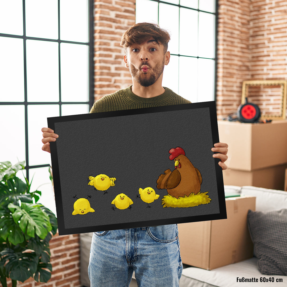 Huhn im Nest mit Küken Fußmatte