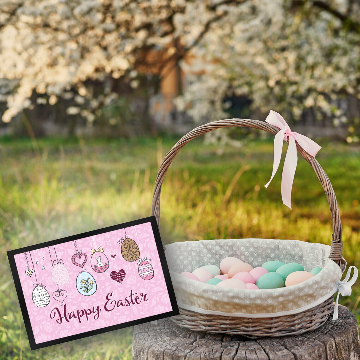Happy Easter Ostern Fußmatte mit Ostereier-Motiv in rosa
