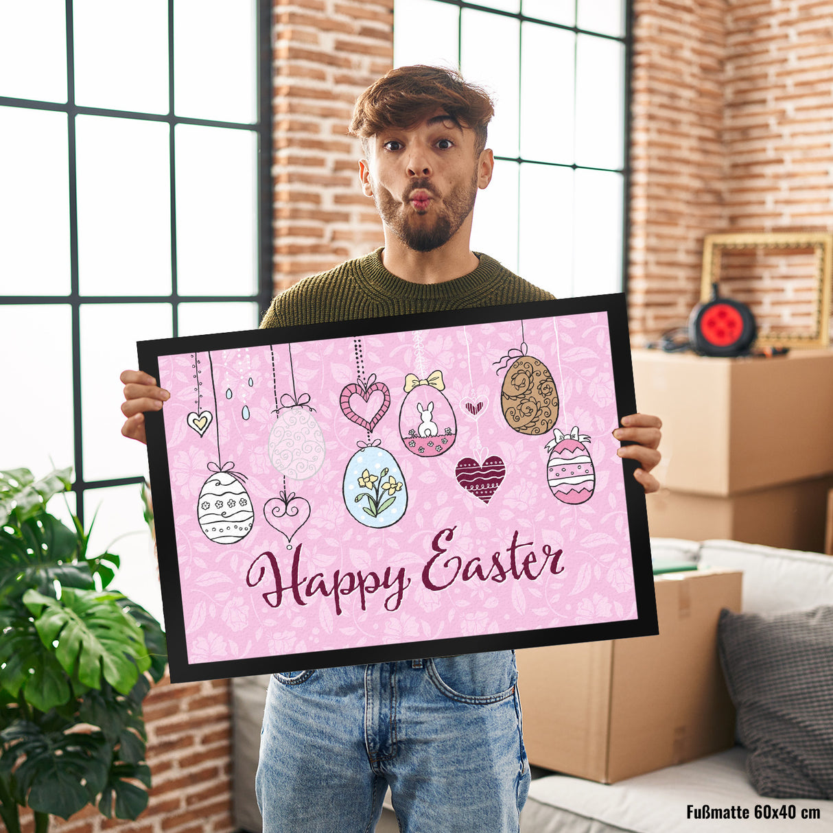 Happy Easter Ostern Fußmatte mit Ostereier-Motiv in rosa