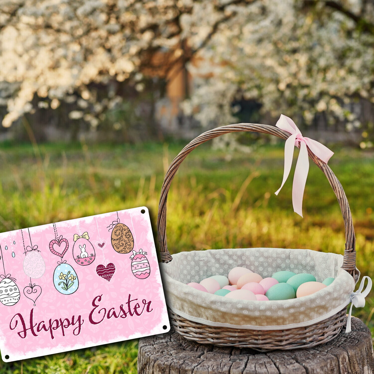 Happy Easter Ostern Metallschild mit Ostereier-Motiv in rosa