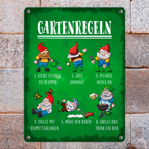 Gartenregeln Metallschild mit lustigen Gartenzwergen