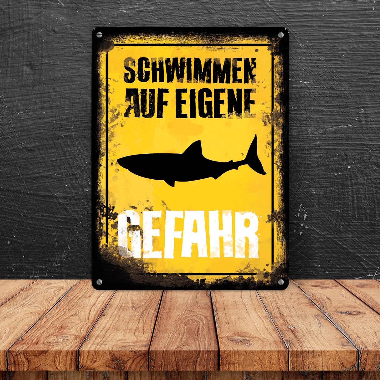 Schwimmen auf eigene Gefahr Metallschild für den Pool mit Hai