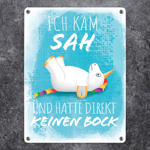 Ich kam, sah und hatte direkt keinen Bock Metallschild mit Einhorn