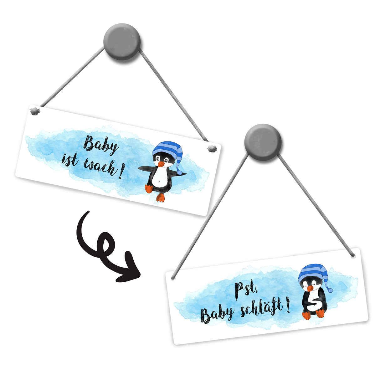 Pst Baby schläft Wendeschild mit Pinguin in blau