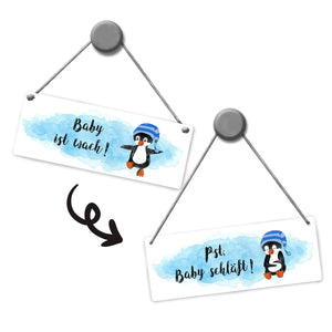 Pst Baby schläft Wendeschild mit Pinguin in blau