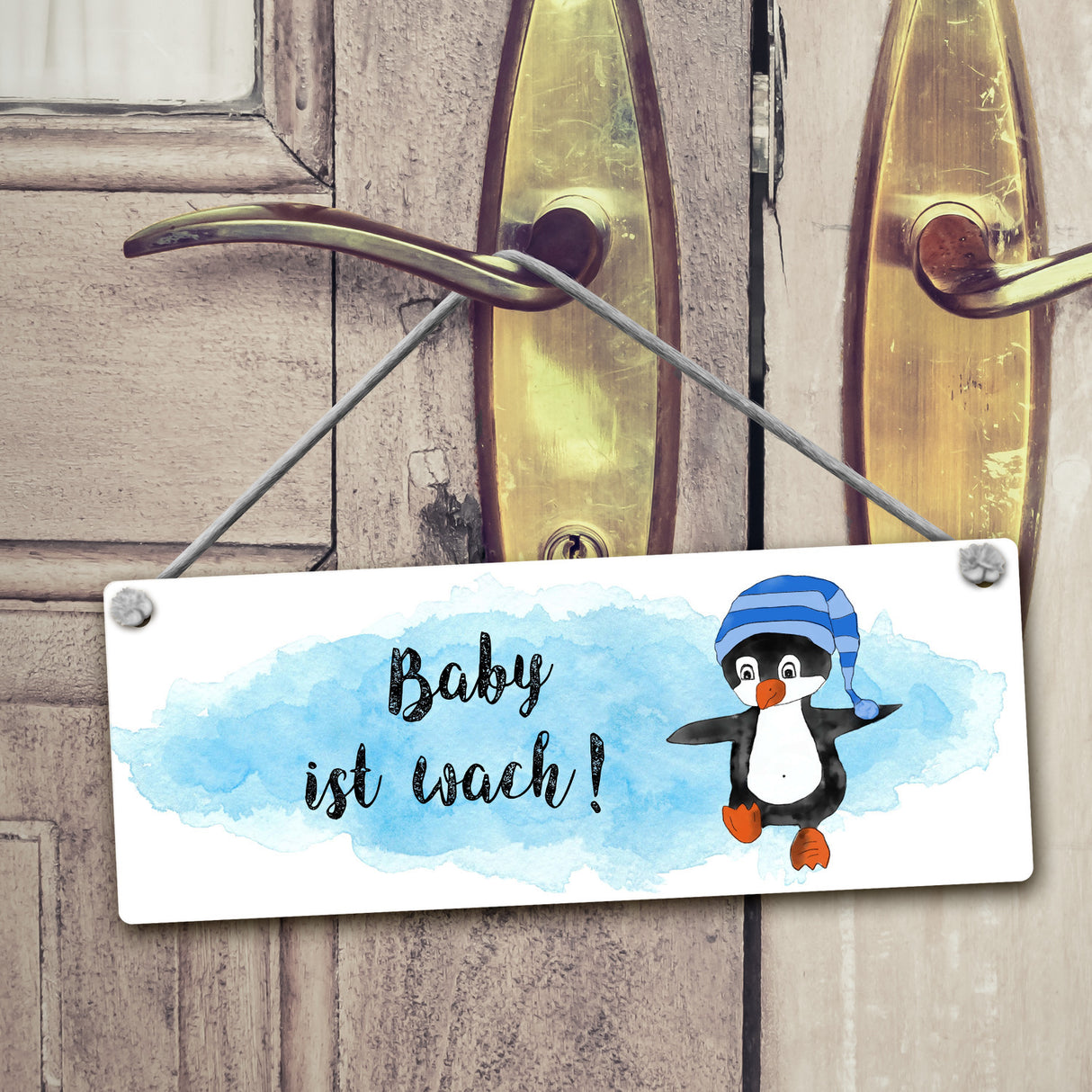Pst Baby schläft Wendeschild mit Pinguin in blau