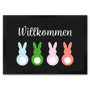 Willkommen Fußmatte mit vier bunten Hasen