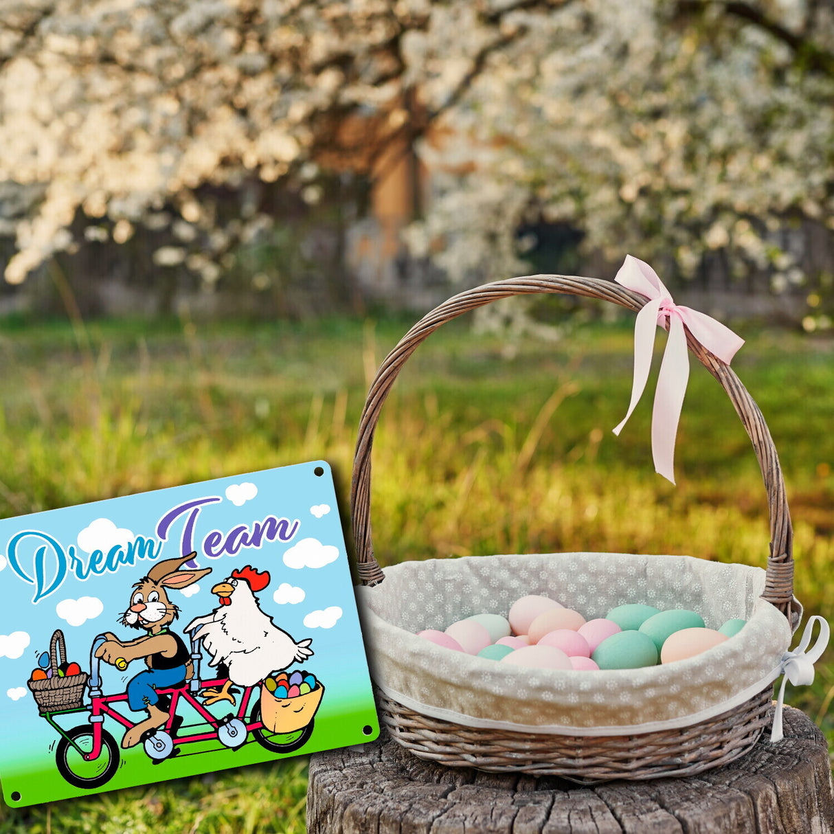 Osterhase und Huhn auf Tandem Metallschild zum Thema Ostern