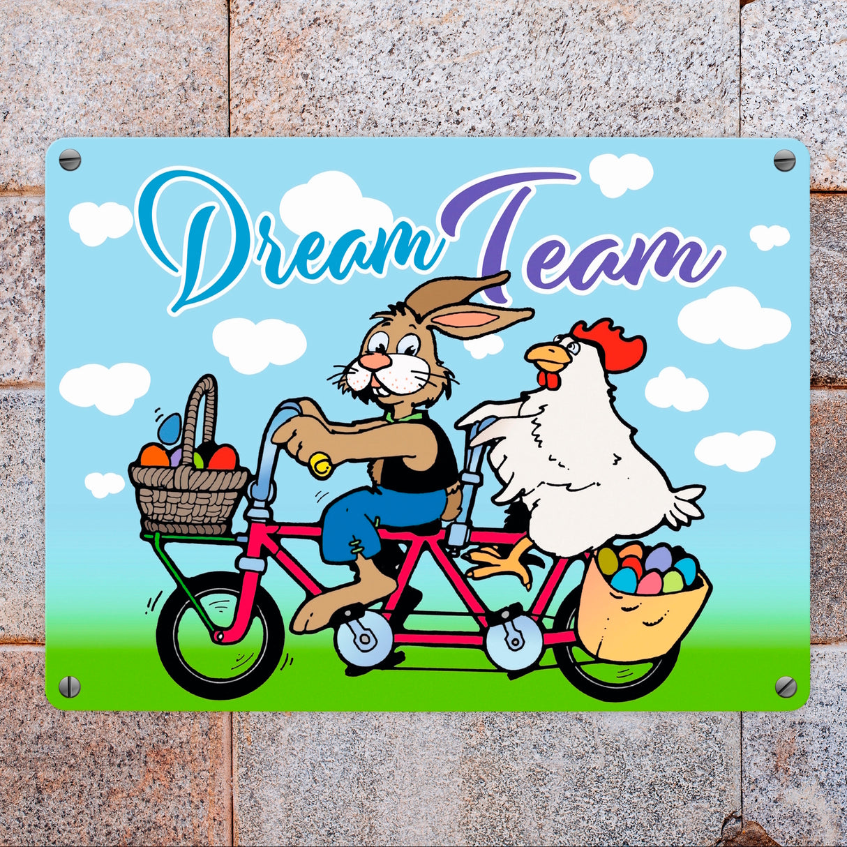 Osterhase und Huhn auf Tandem Metallschild zum Thema Ostern