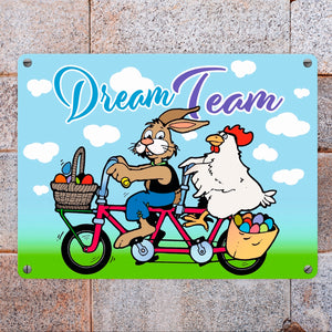 Osterhase und Huhn auf Tandem Metallschild zum Thema Ostern