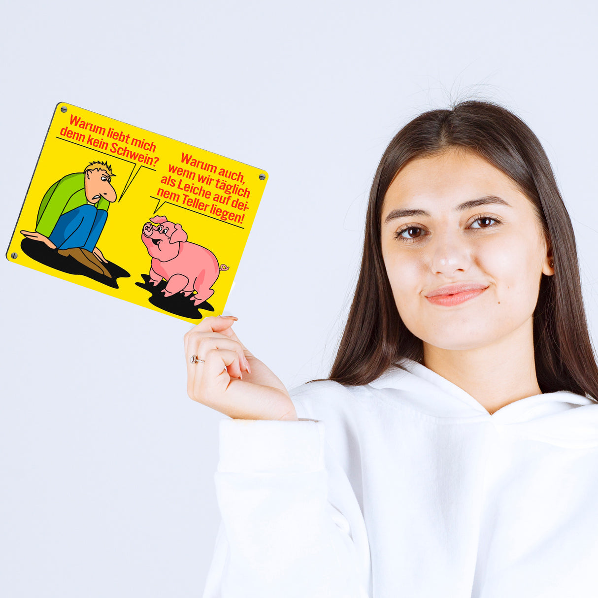 Schweine Metallschild zum Thema Fleischesser und Vegetarier