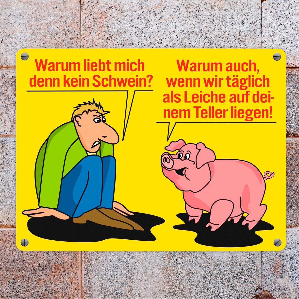 Schweine Metallschild zum Thema Fleischesser und Vegetarier