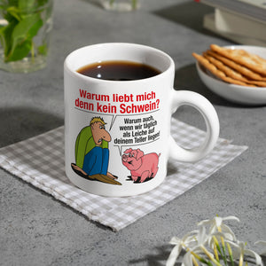 Kaffeebecher zum Thema Fleischesser und Vegetarier mit Schweine Motiv