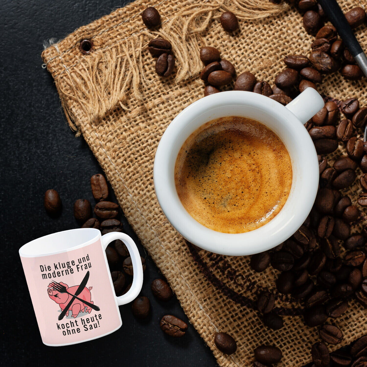 Vegetarier und Fleischesser Kaffeebecher mit Schweine Motiv in rosa