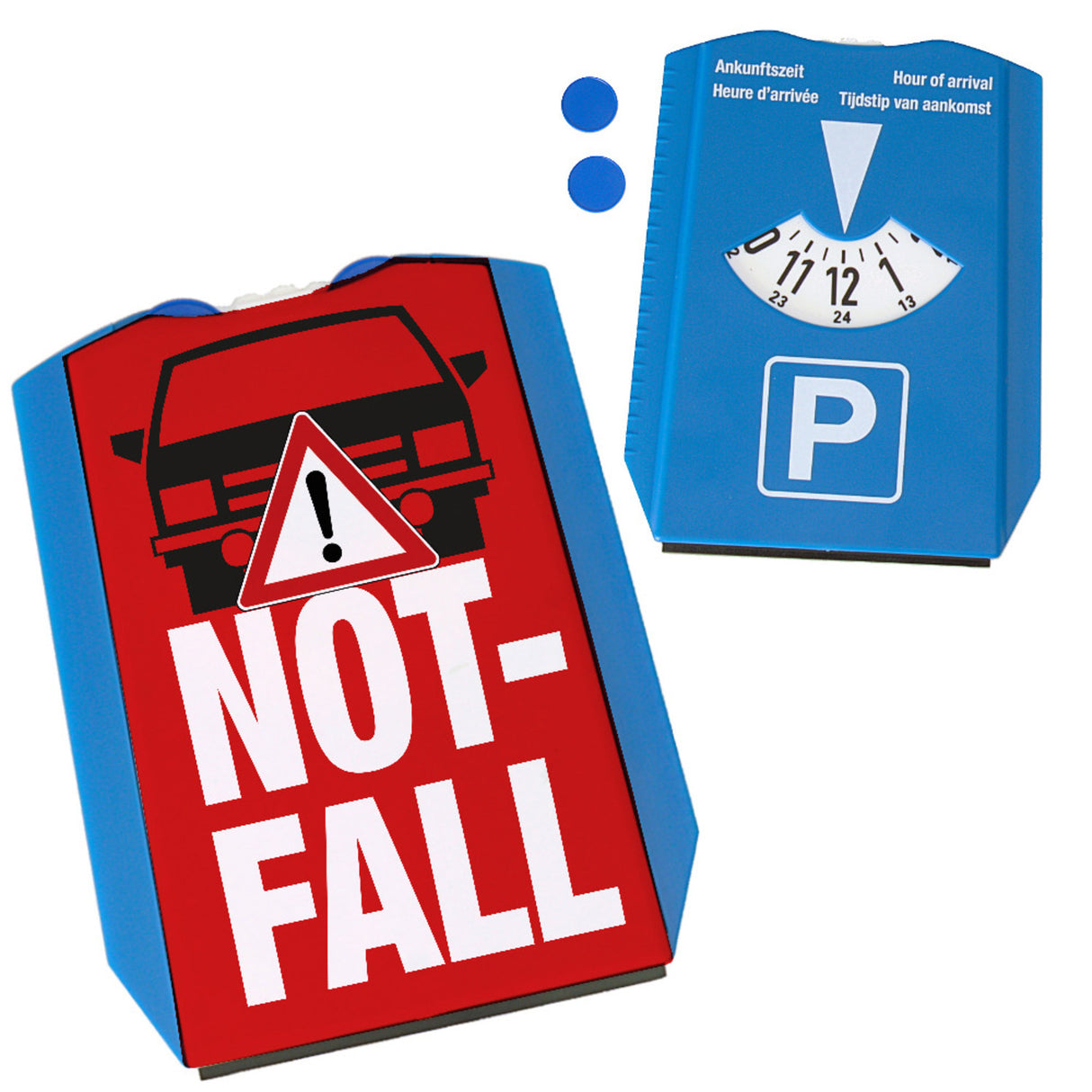 Notfall mit dem PKW Parkscheibe mit Auto Motiv in rot und 2 Einkaufswagenchips