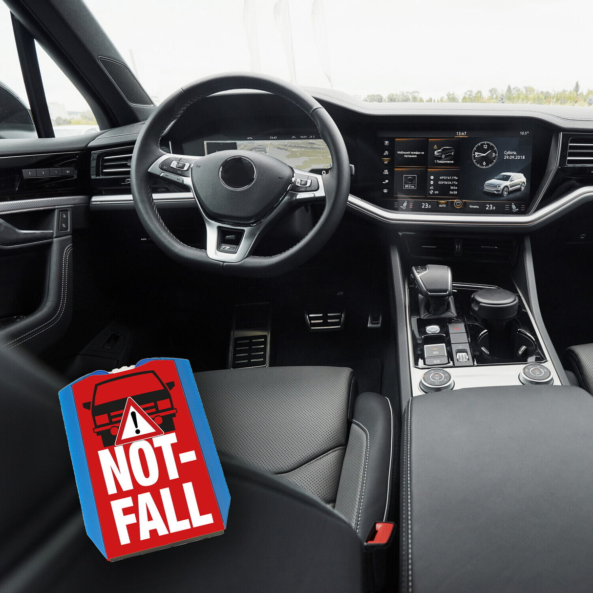 Notfall mit dem PKW Parkscheibe mit Auto Motiv in rot und 2 Einkaufswagenchips