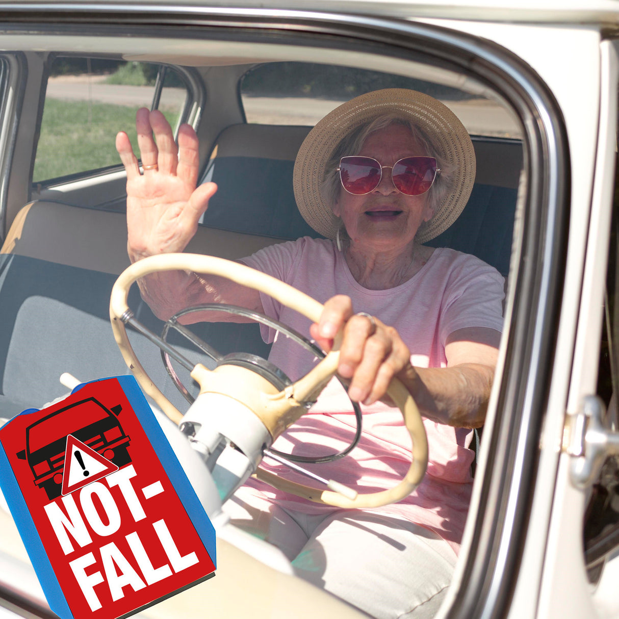 Notfall mit dem PKW Parkscheibe mit Auto Motiv in rot und 2 Einkaufswagenchips