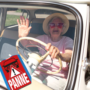 Panne mit dem PKW Parkscheibe mit Auto Motiv in rot und 2 Einkaufswagenchips