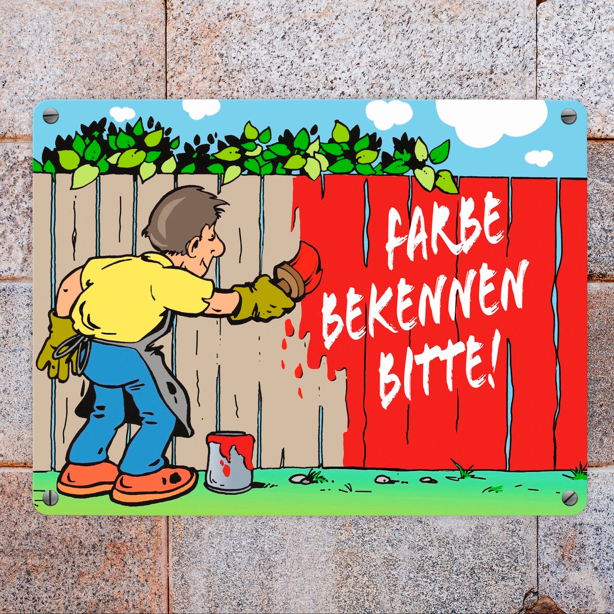 Farbe bekennen Maler am Gartenzaun Metallschild zum Thema eigene Meinung