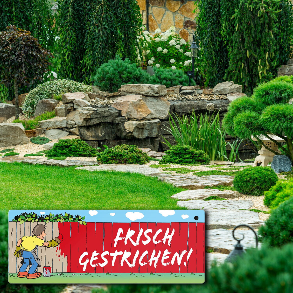 Frisch gestrichen! Maler am Gartenzaun Metallschild