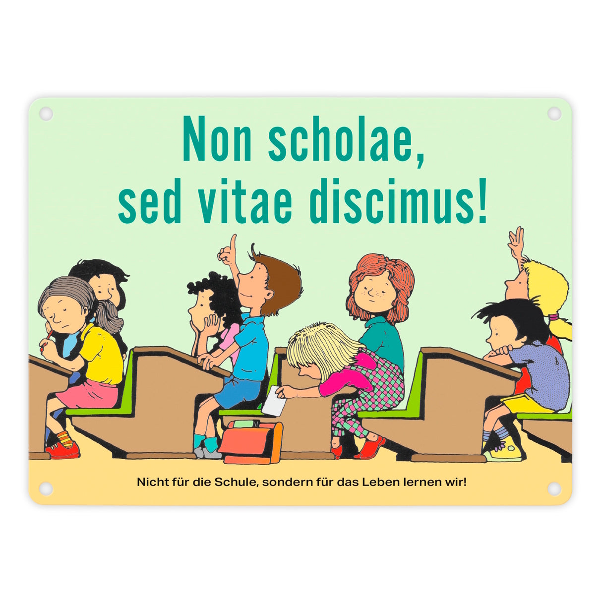Schüler im Klassenzimmer Metallschild zum Thema Eigenverantwortung