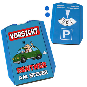 Vorsicht Rentner am Steuer Parkscheibe mit 2 Einkaufswagenchips