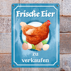 Frische Eier zu verkaufen Metallschild mit Huhn Motiv