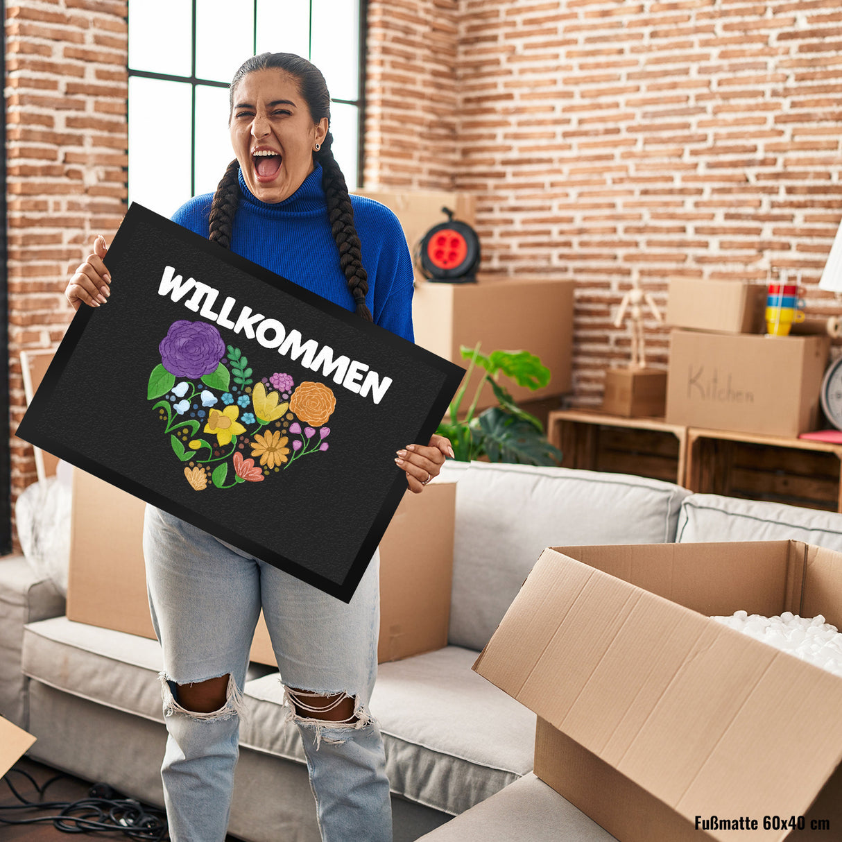 Willkommen Blumenherz Fußmatte