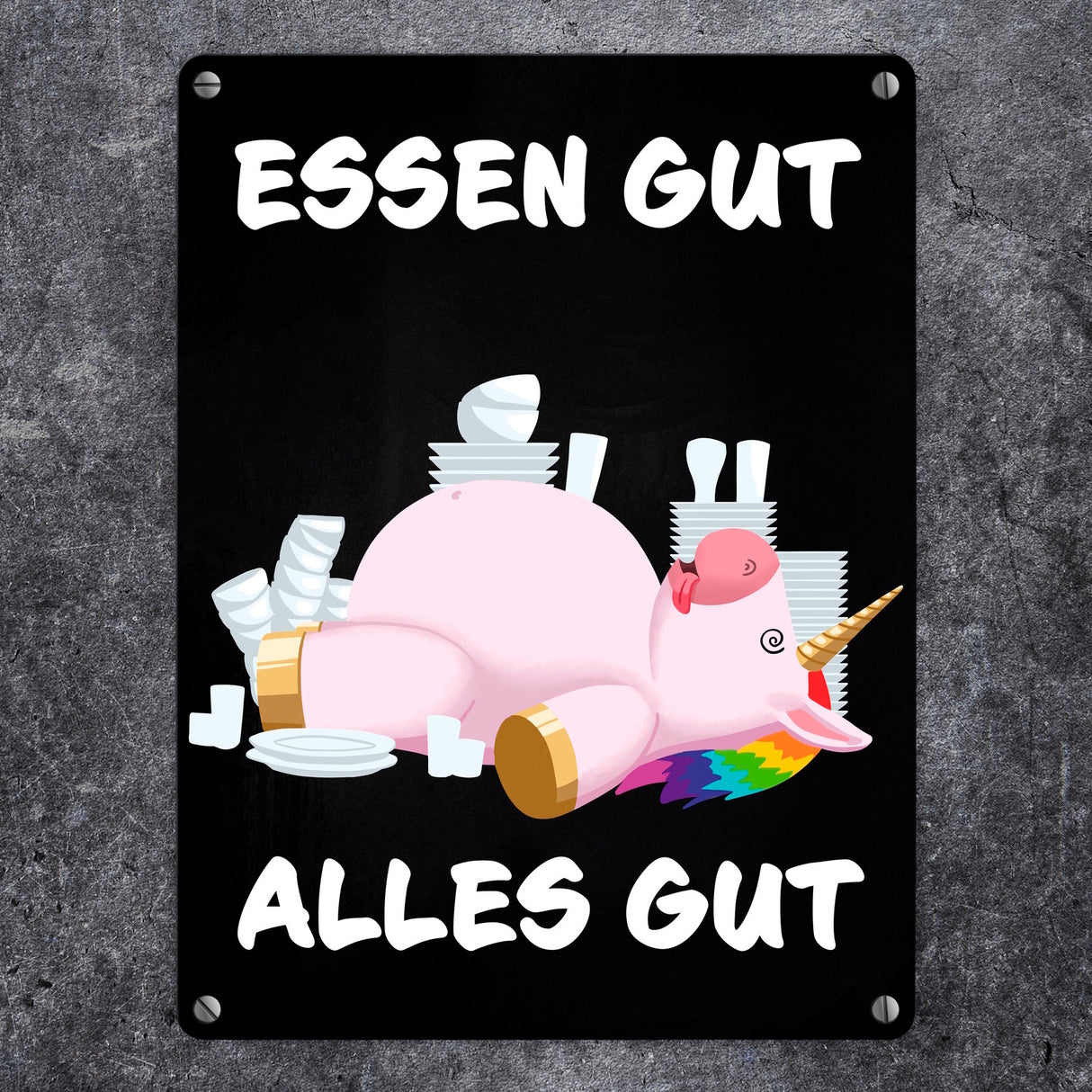 Essen gut alles gut witziges Metallschild mit dickem Einhorn
