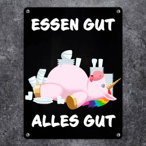 Essen gut alles gut witziges Metallschild mit dickem Einhorn