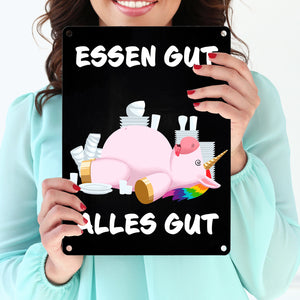Essen gut alles gut witziges Metallschild mit dickem Einhorn
