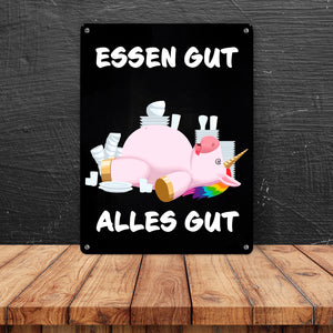 Essen gut alles gut witziges Metallschild mit dickem Einhorn