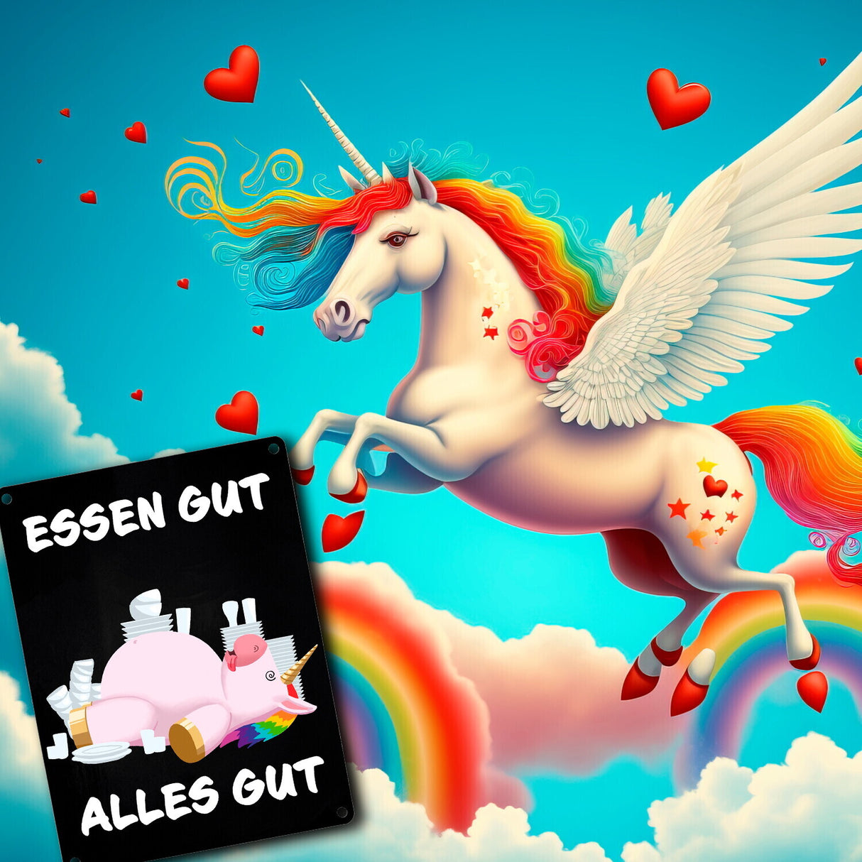 Essen gut alles gut witziges Metallschild mit dickem Einhorn