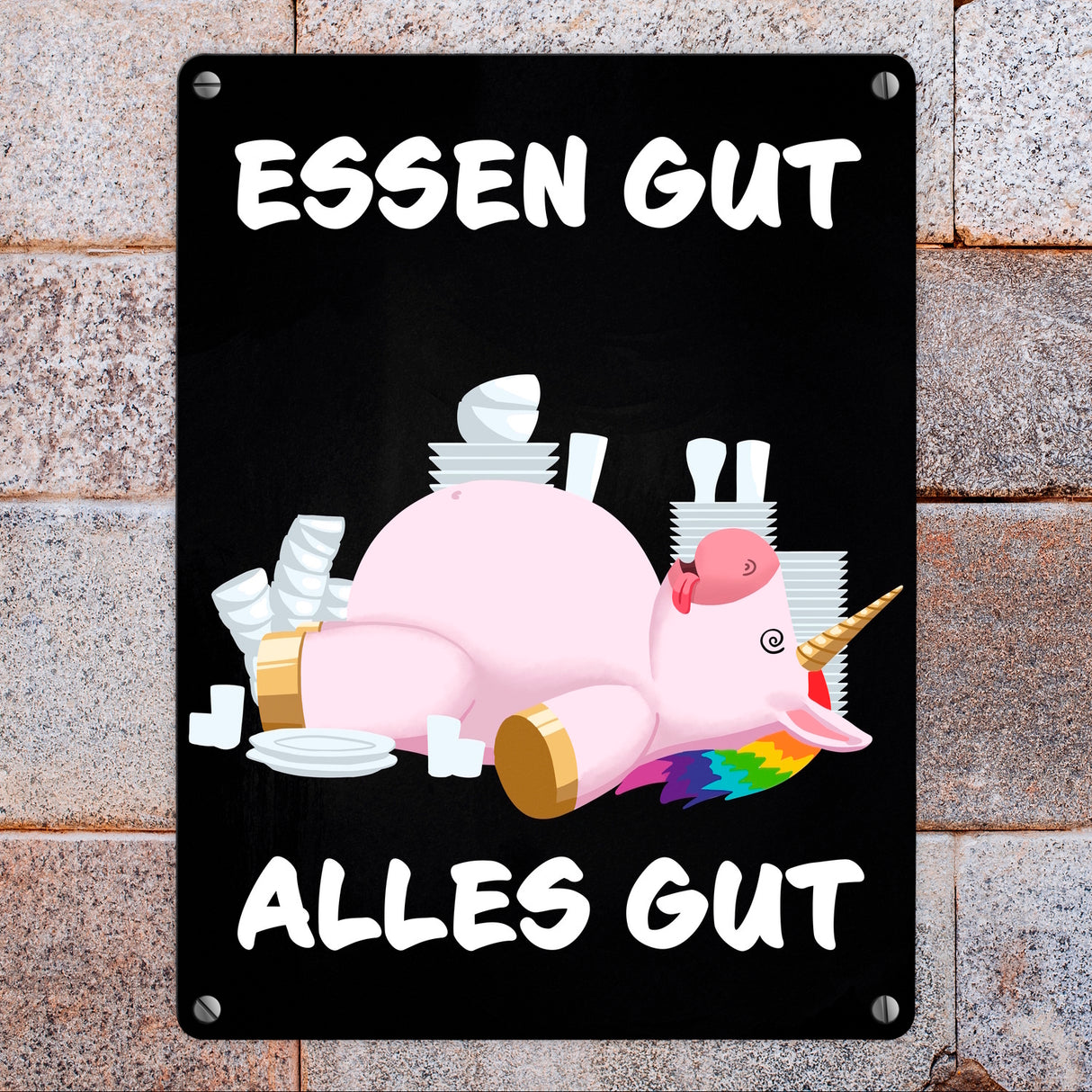 Essen gut alles gut witziges Metallschild mit dickem Einhorn