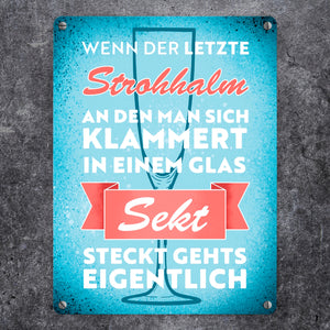 Wenn der letzte Strohhalm in einem Glas Sekt steckt Metallschild