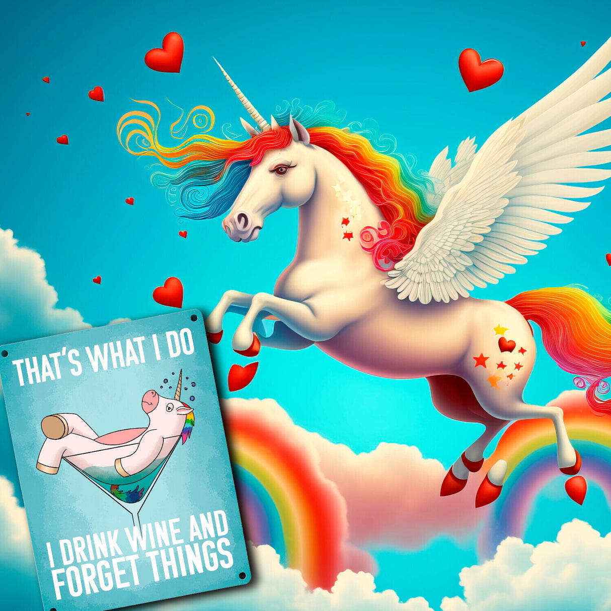 That's what I do I drink wine and forget things Metallschild mit Einhorn