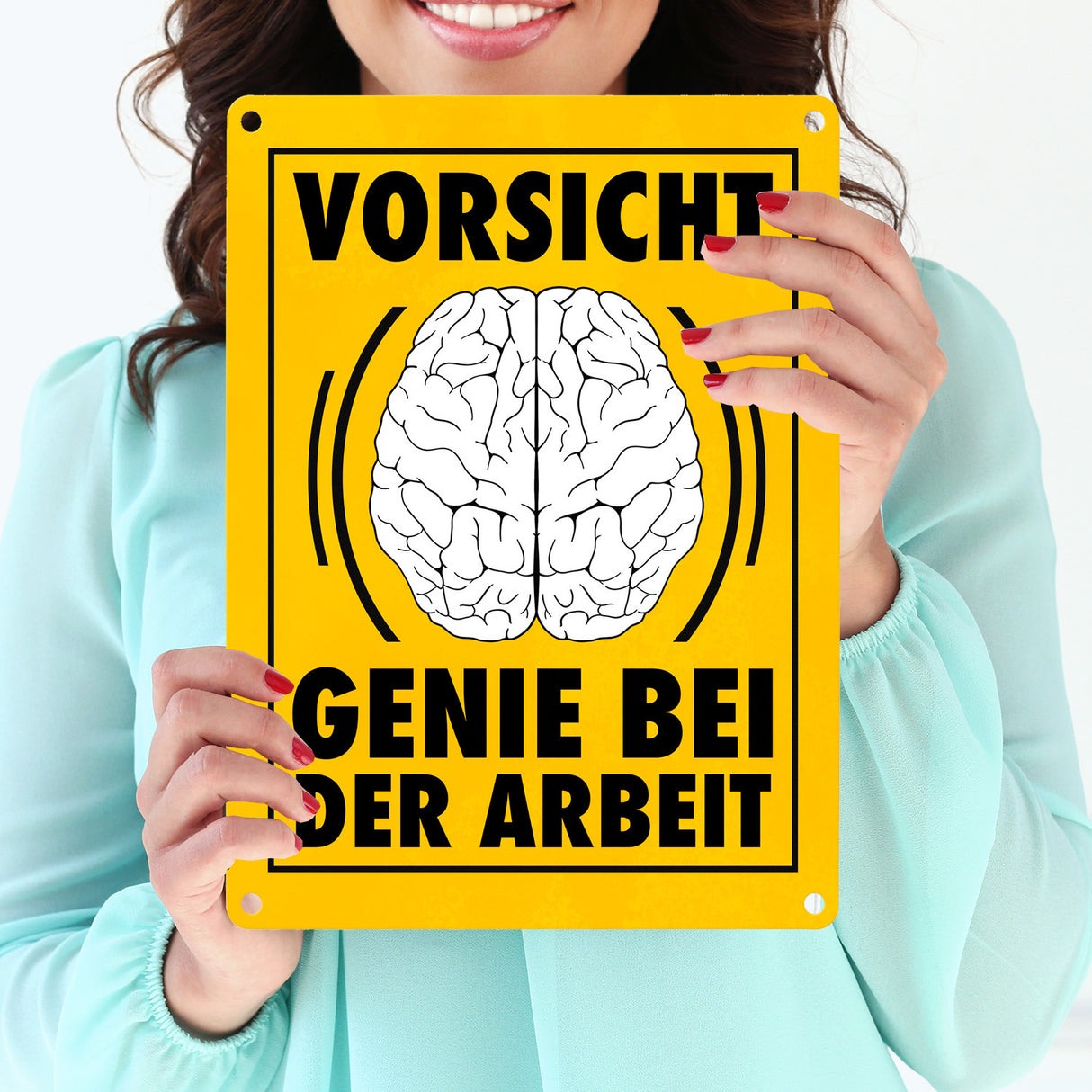 Vorsicht Genie bei der Arbeit witziges Metallschild mit Gehirn