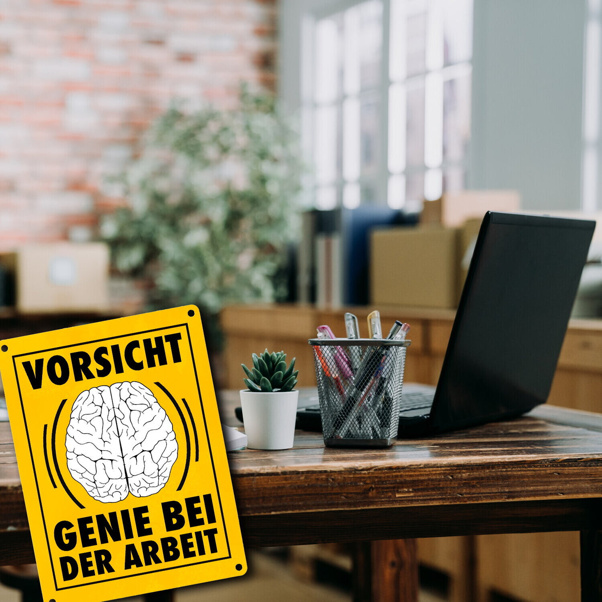 Vorsicht Genie bei der Arbeit witziges Metallschild mit Gehirn
