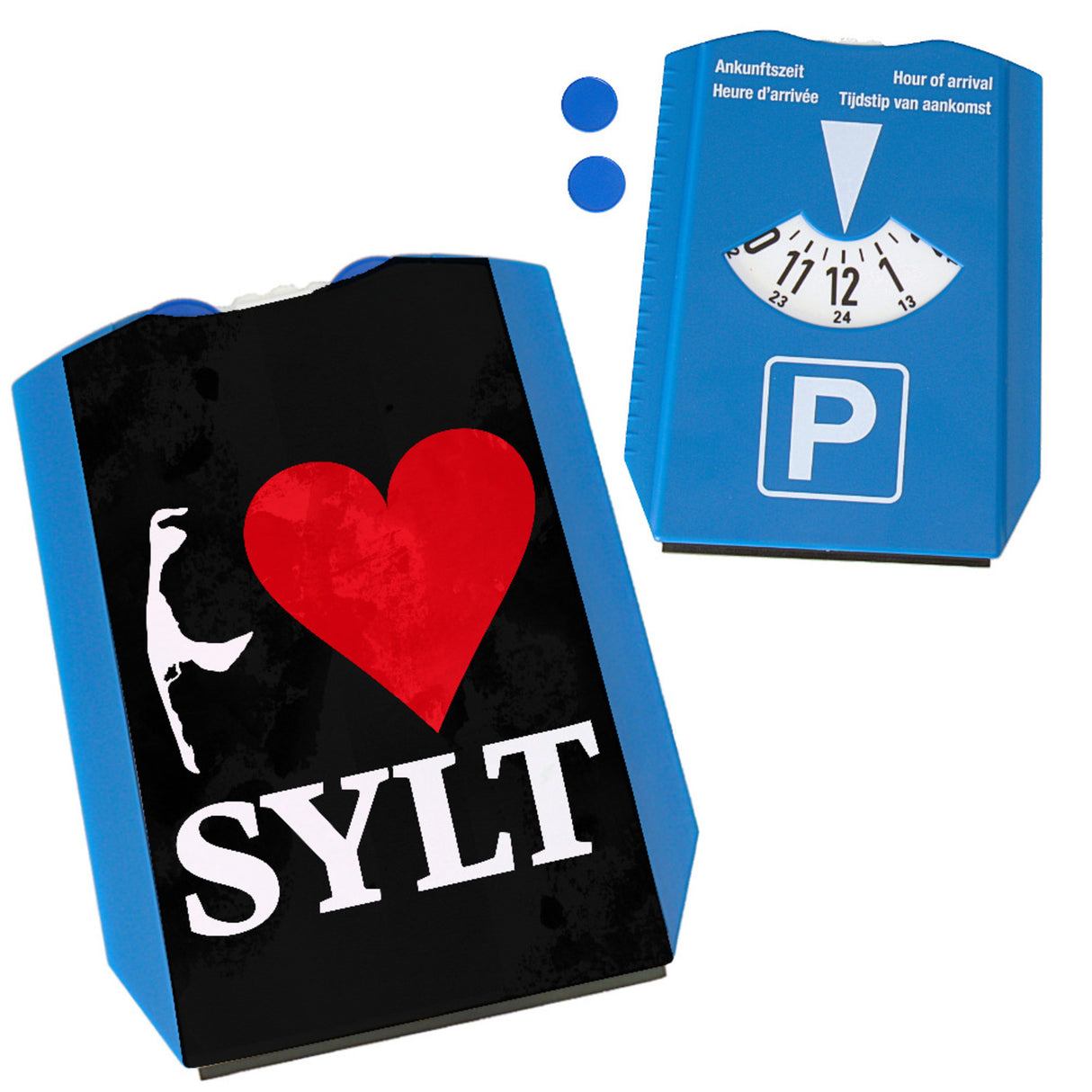 I love Sylt Parkscheibe mit Herz und Inselsilhouette und 2 Einkaufswagenchips