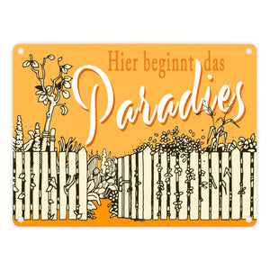 Gartenparadies Metallschild orange zum Thema Urlaub im Garten